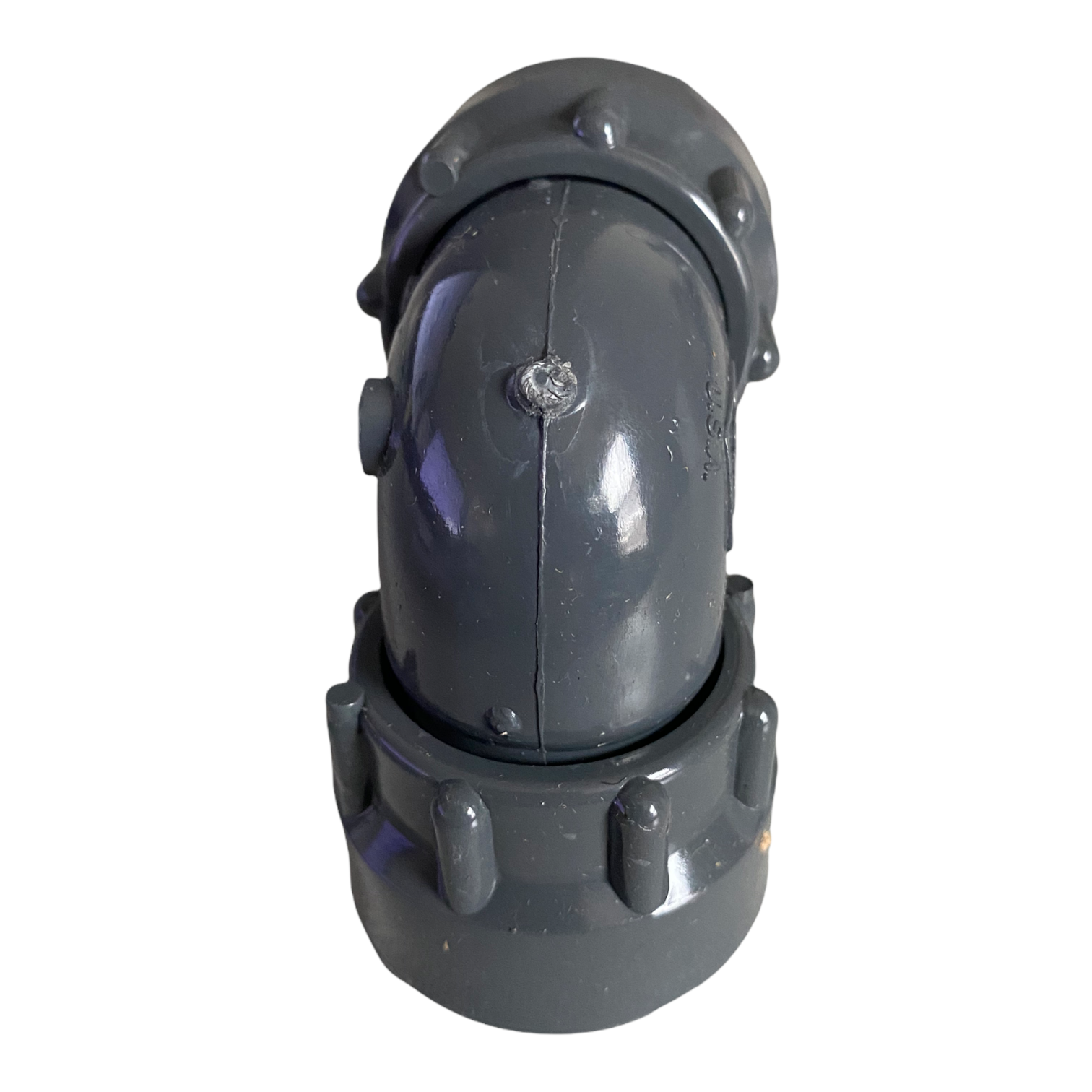 Angled close-up of DURA 306-010 showing the O-ring housing and swivel joint for the 1-inch manifold elbow in gray Sch 40 material.