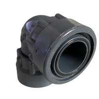 Top view of DURA 306-010 1" O-ring elbow illustrating the swivel x swivel connections, O-ring location, and durable Schedule 40 construction.