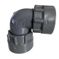 Front view of DURA 306-010 1-inch O-ring elbow fitting in gray Schedule 40 material, showing swivel x swivel connections and O-ring seal.