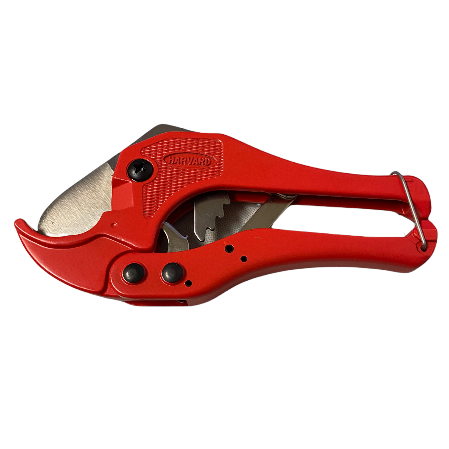 Red ratcheting PVC pipe cutter, side view
