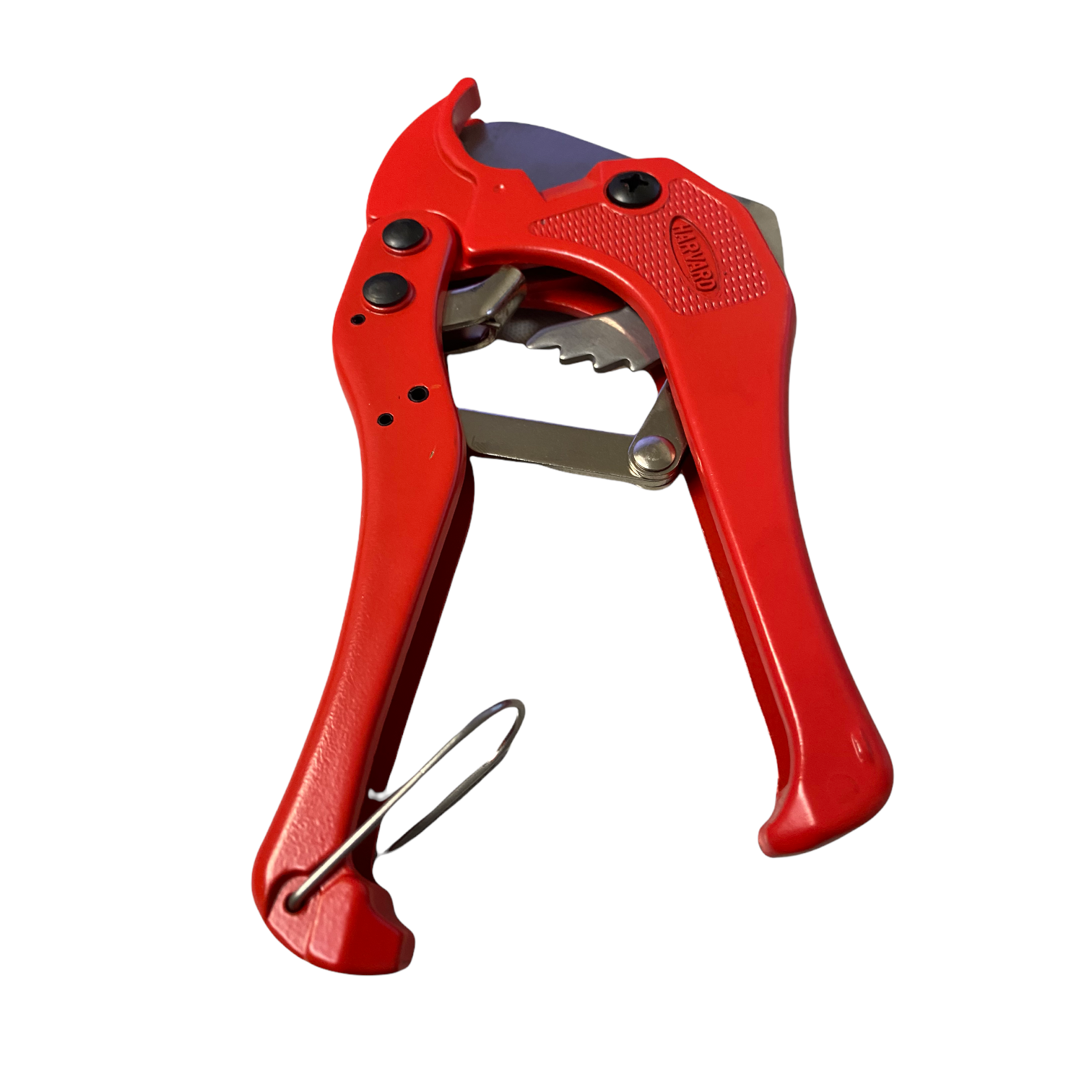 Close-up of stainless steel blade and ratchet teeth