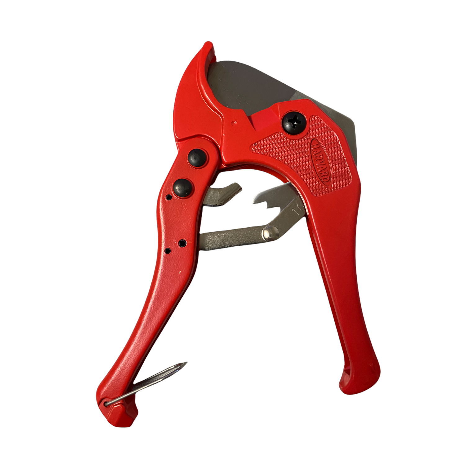 Pipe cutter open position with locking storage clip visible