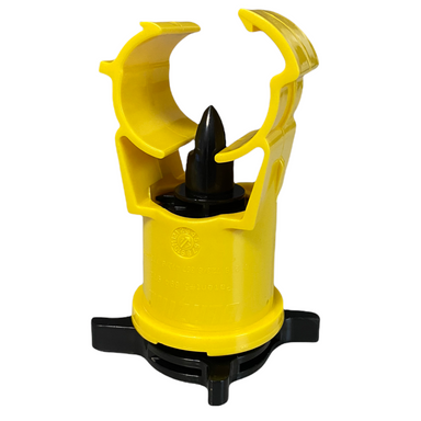 Front view of Blazing BS7000 self-tapping poly saddle tee showing 1" inlet, barbed connection and 1/2" FPT outlet, yellow ABS body.