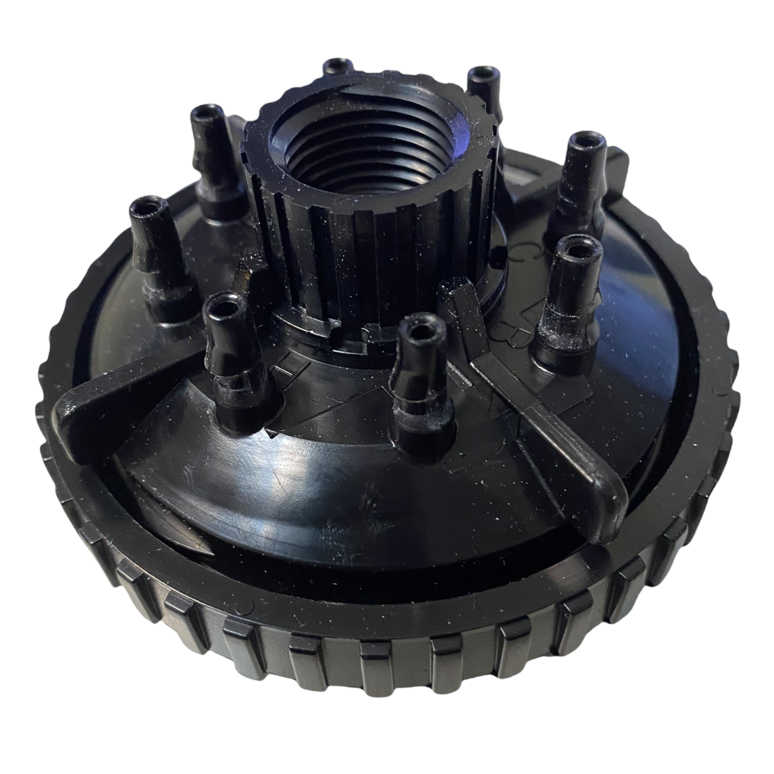 Xeri-Bird XBD-80 installed on a 1/2" riser demonstrating the threaded inlet, compact serviceable body, and outlet orientation.