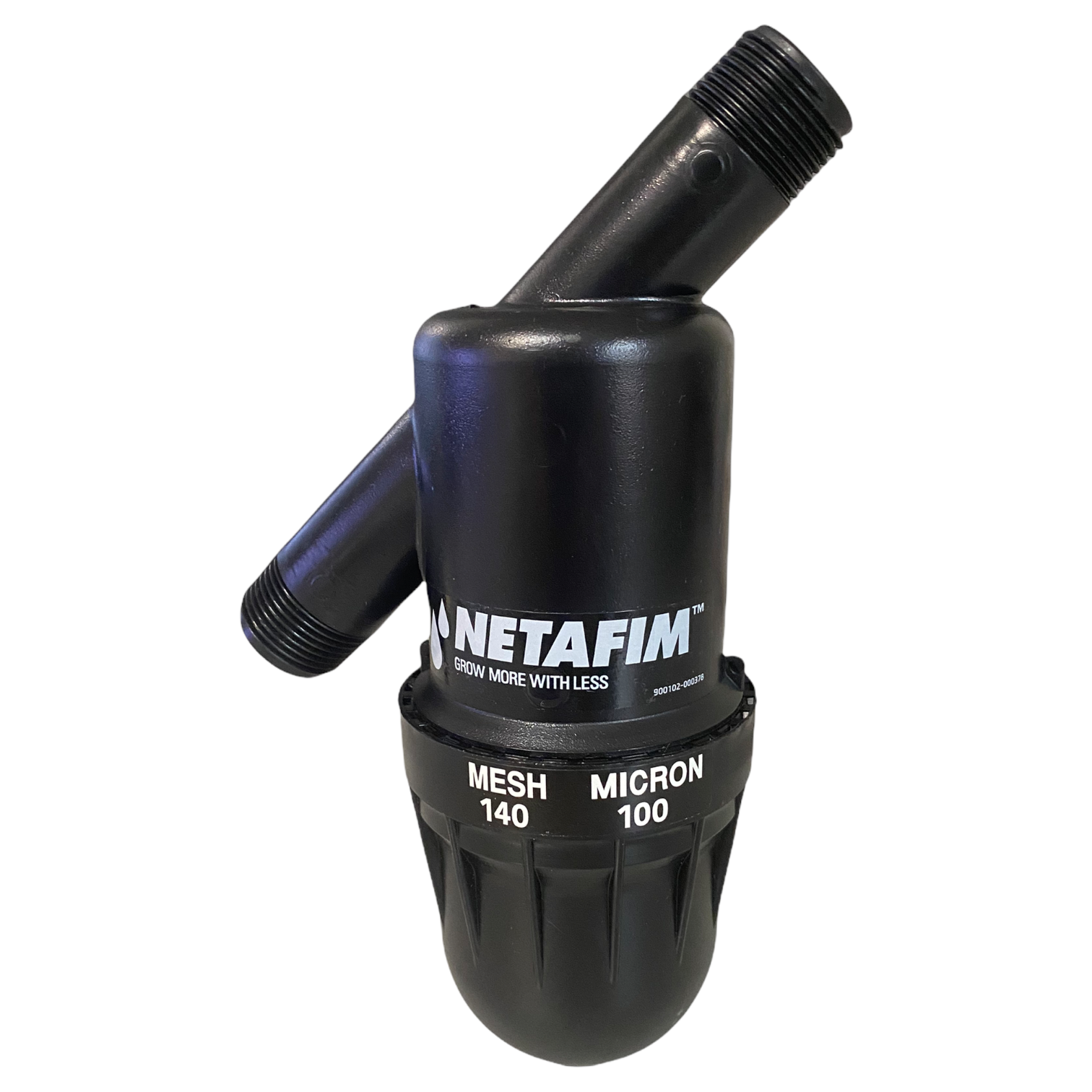Front and angled view of Netafim DF series manual disc filter showing inlet and outlet ports, compact body for 3/4-inch irrigation systems.