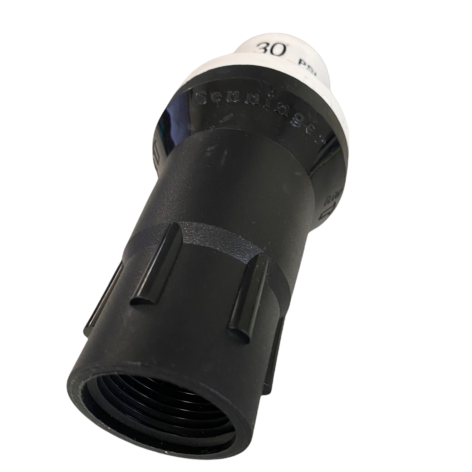 Close-up of Hunter PMR-30-MF pressure regulator labeling and inlet/outlet ends; medium-flow model preset to 30 psi for irrigation use.