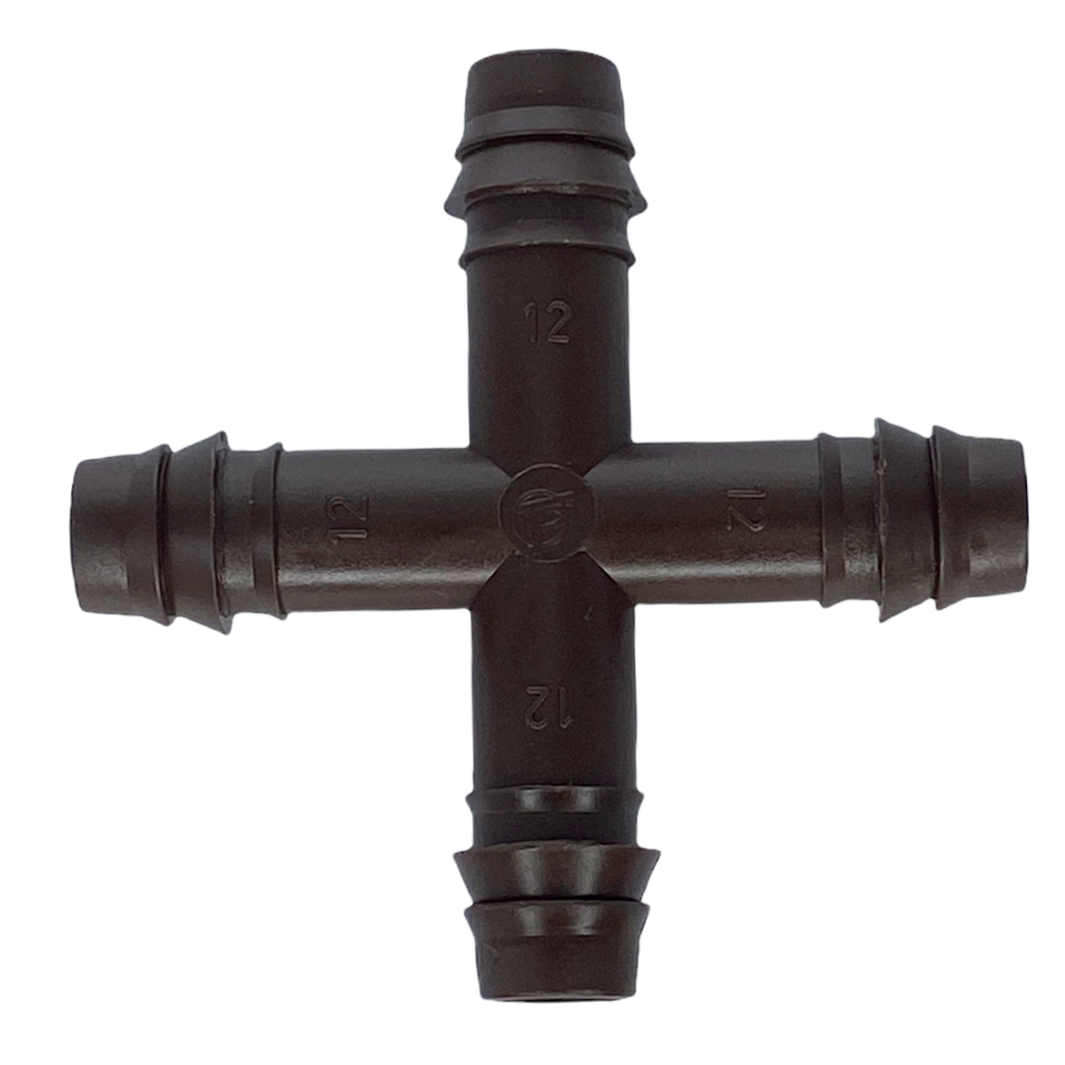 Close-up of Netafim T12CROSS 12mm cross fitting, showing four barbed insert ends on black polyethylene body.