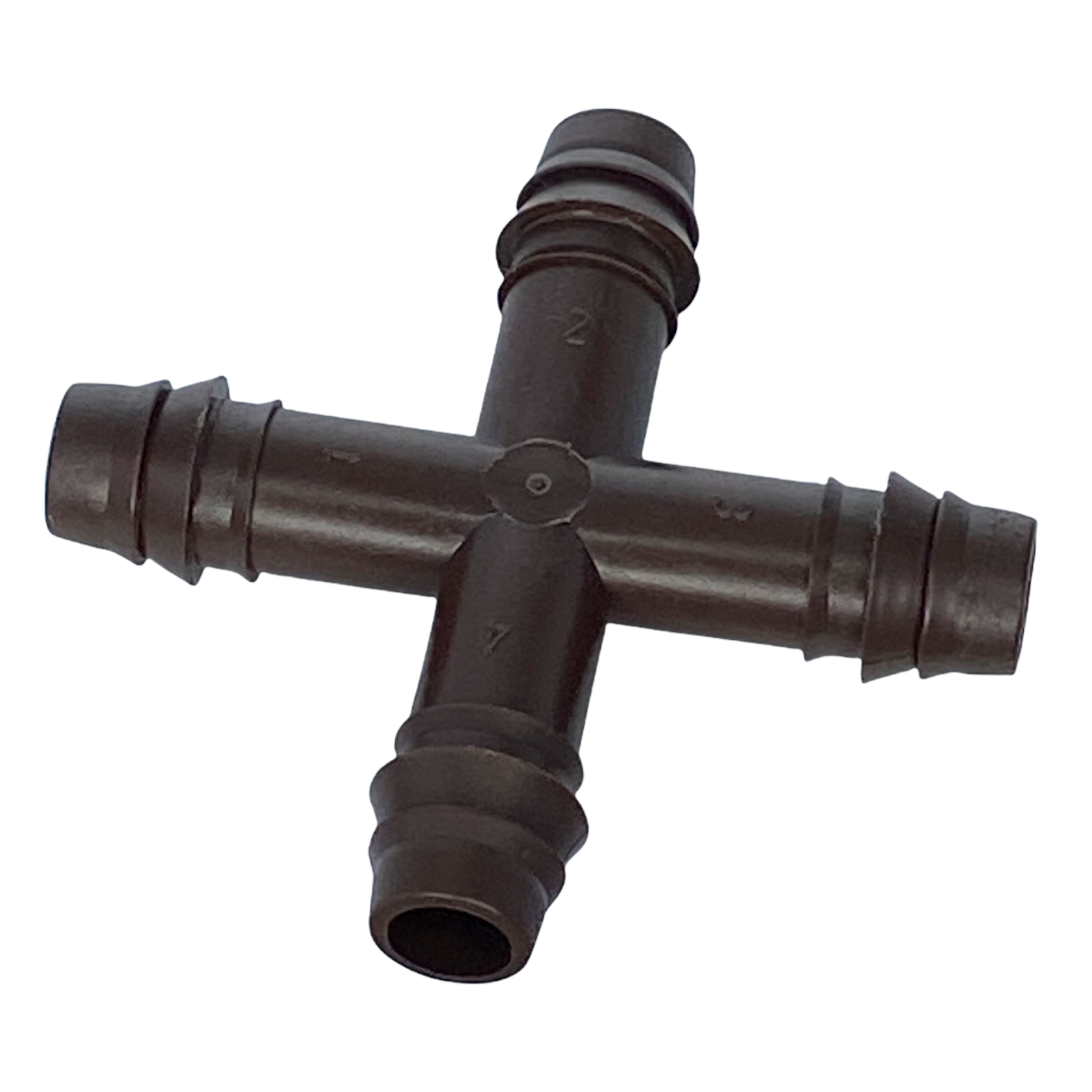 Angled view of Netafim T12CROSS showing barb detail and fitting profile intended for 12mm Techline EZ tubing.