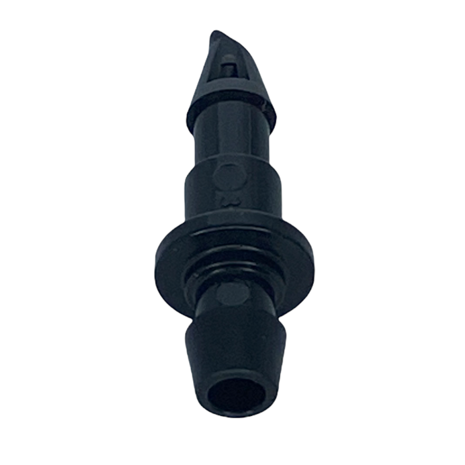 Angled view of Rain Bird XBF1CONN connector showing the small 1/4-inch barb, stem profile, and compact shape for discreet irrigation routing in landscapes.