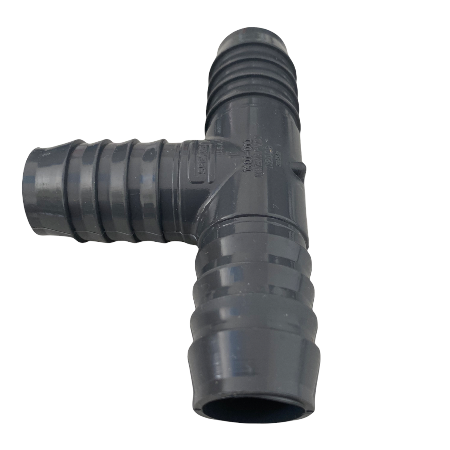 Side view of a 1" PVC insert tee with three barbed insert ends, highlighting barb profile and molded ribs.