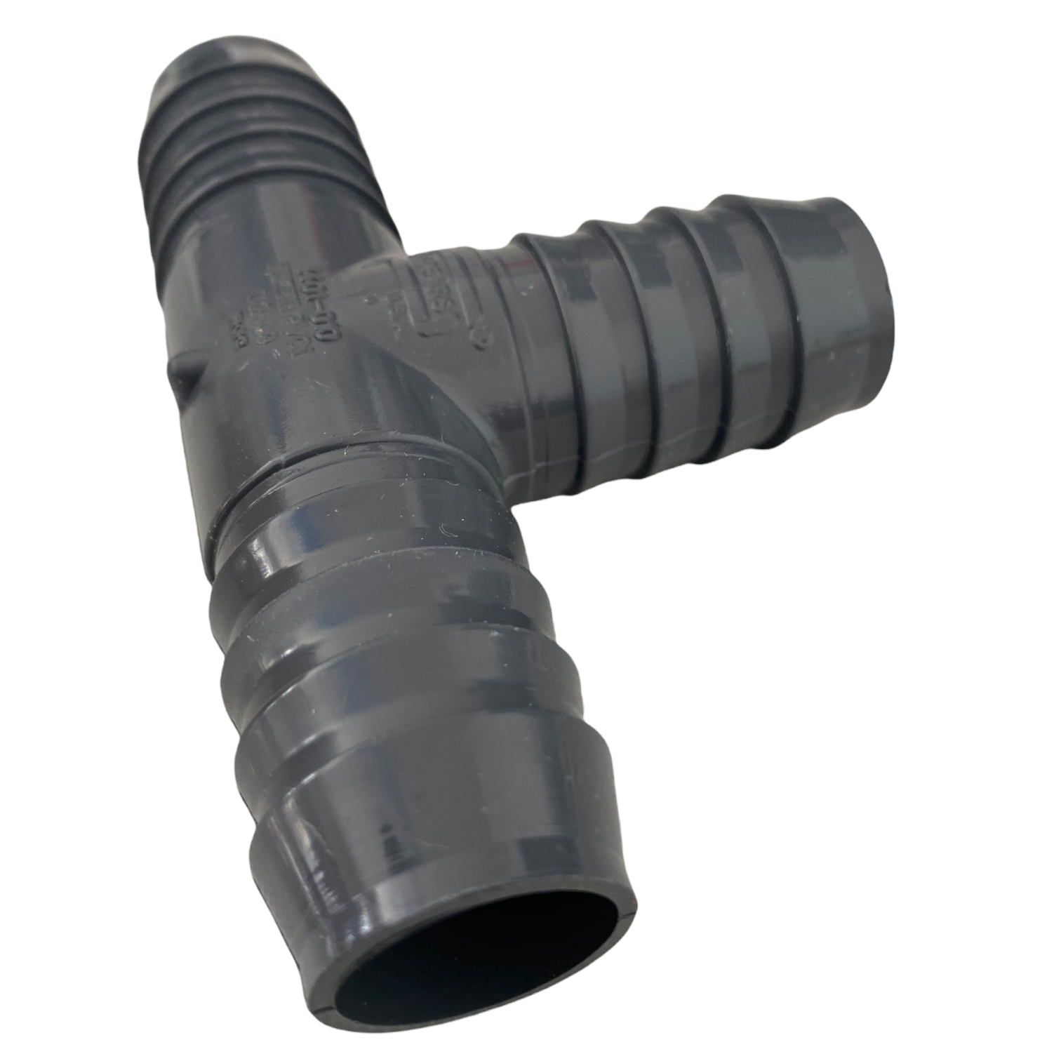 Close-up of 1" PVC insert tee barb end detail and integrated flange, suitable for clamp installation.