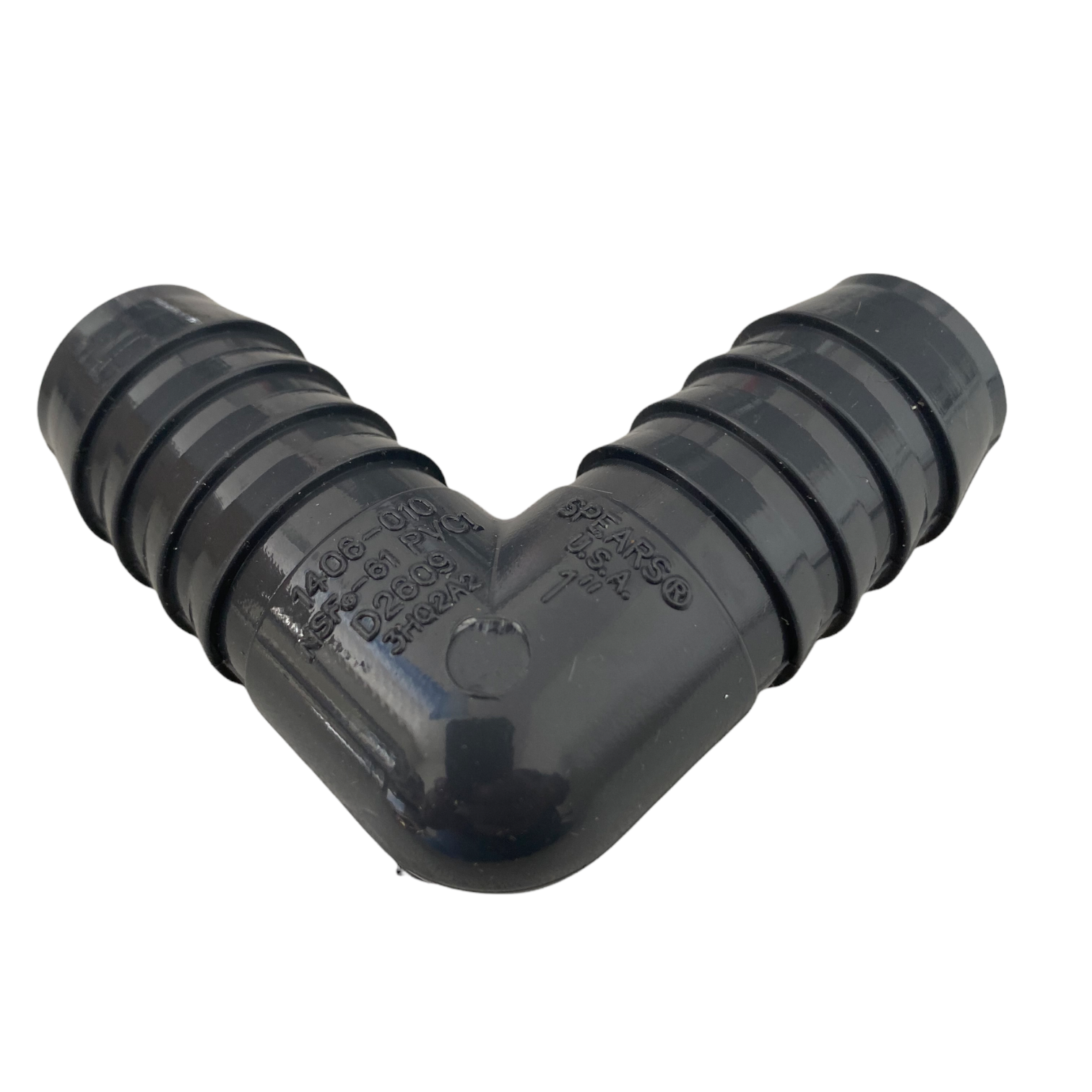 Angled view of 1-inch PVC insert elbow highlighting the barbed insert connection and smooth external surface for burying.
