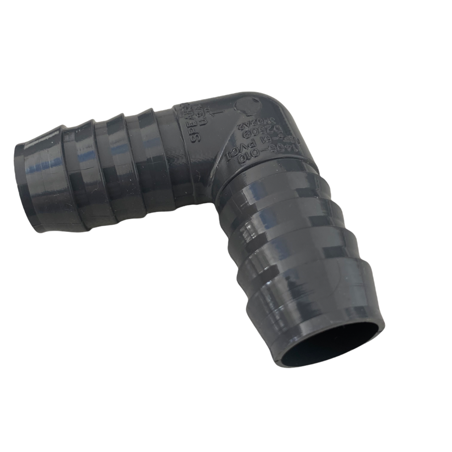 Side profile of 1-inch PVC insert elbow (insert x insert) showing the 90° bend and molded insert ridges for grip.