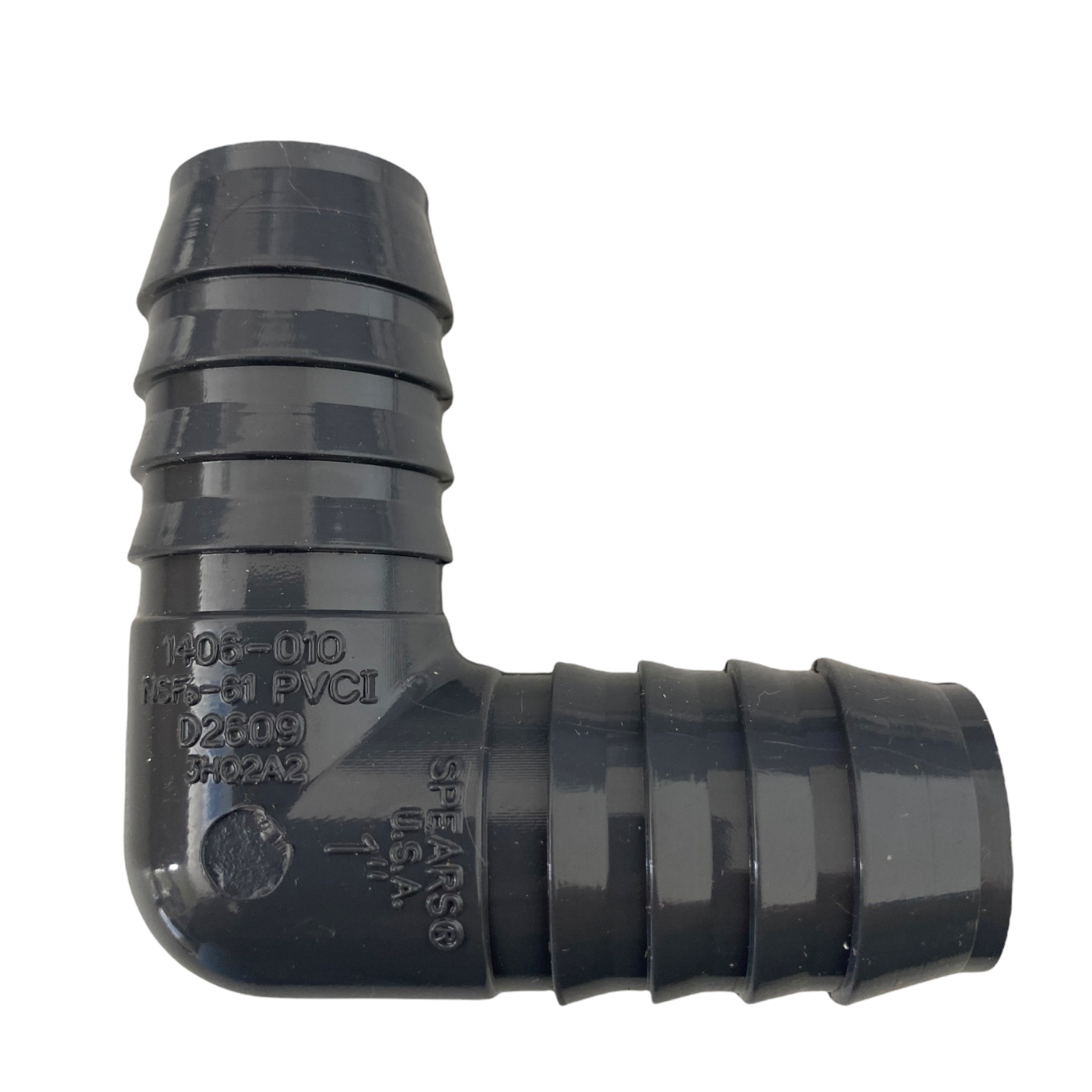 Front view of 1-inch gray PVC insert elbow showing 90-degree angle and barbed insert ends for polyethylene pipe, close-up.