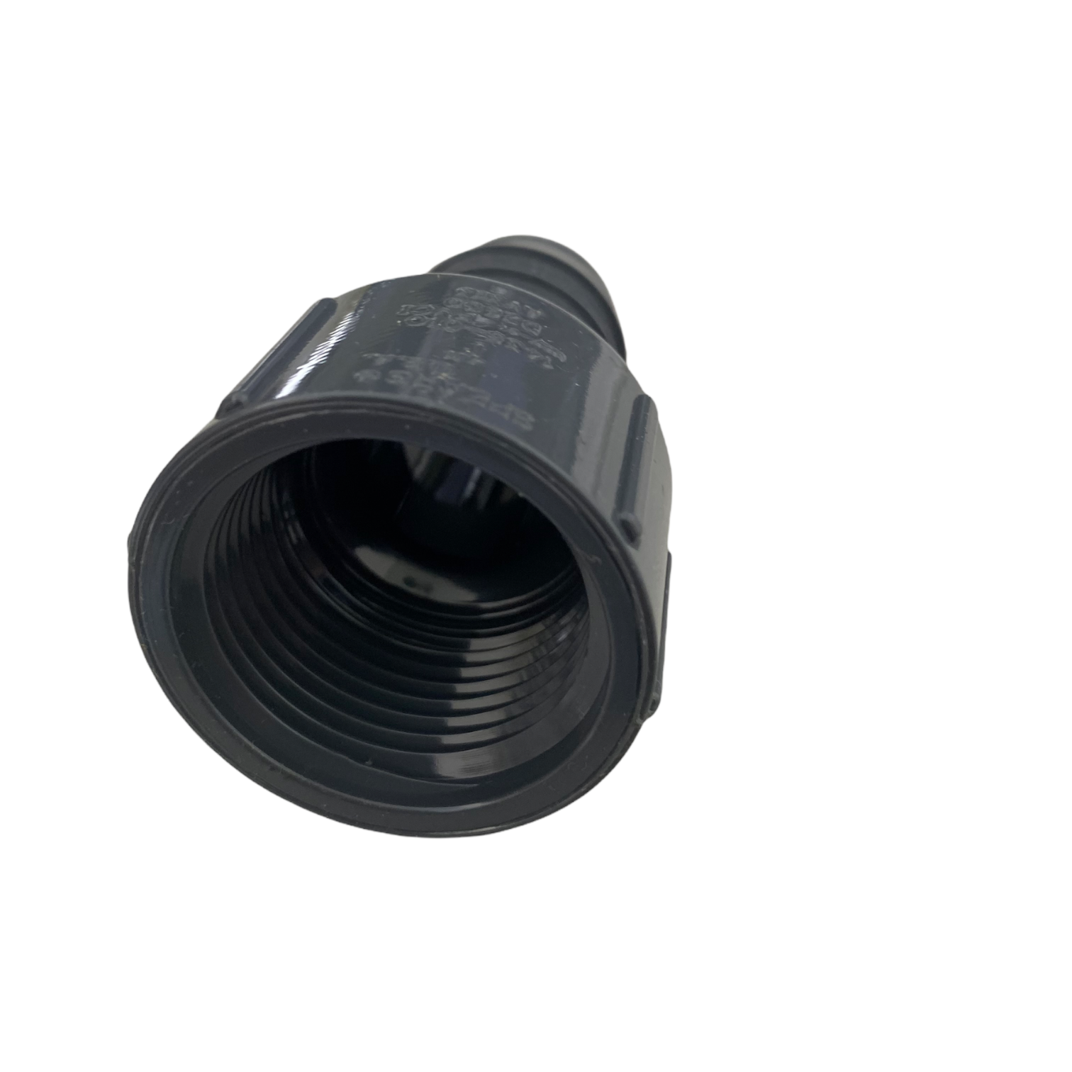 Side view of 1 in. poly insert female adapter highlighting the barb insert profile and female NPT threading on the PVC fitting