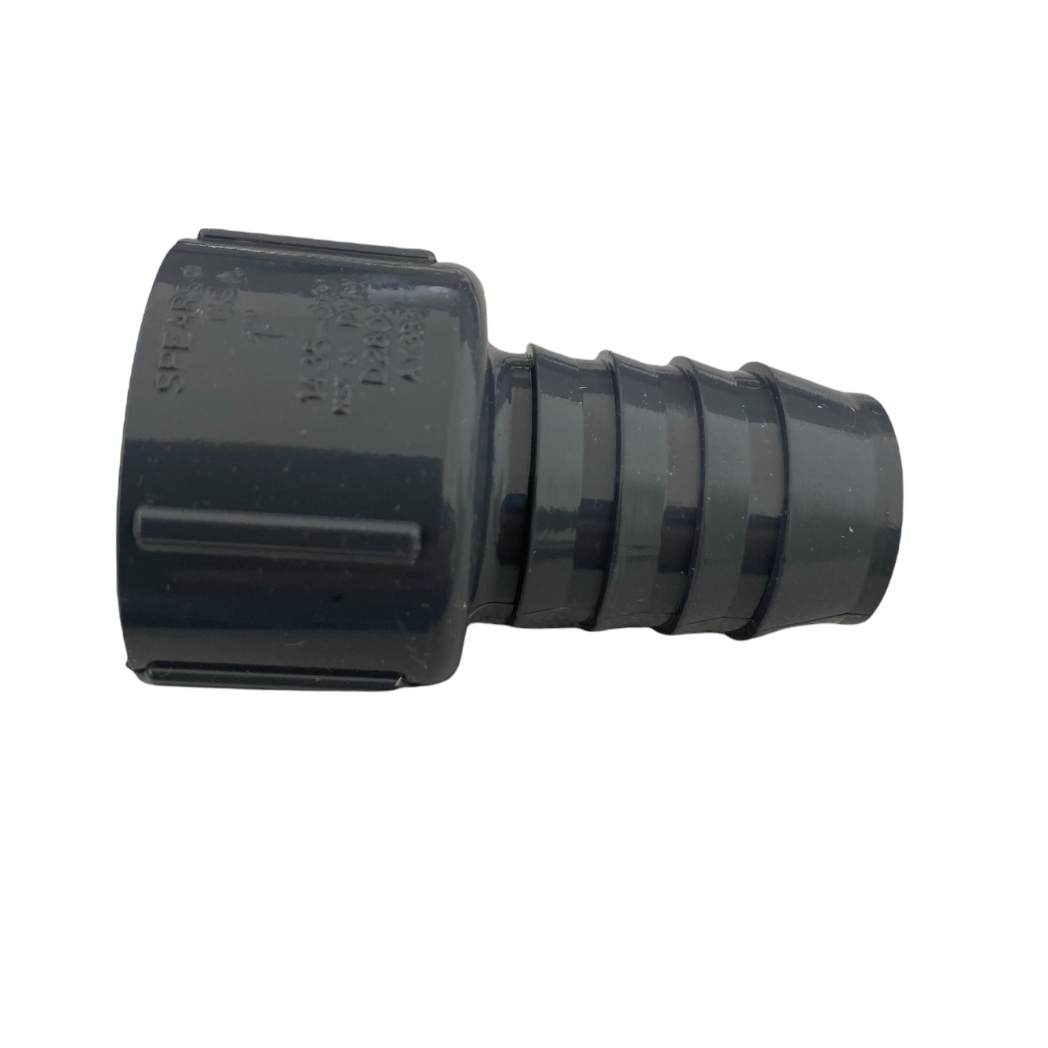 Close-up of threaded female NPT end and 1 in. insert barb of poly adapter, gray PVC irrigation fitting with visible barb teeth