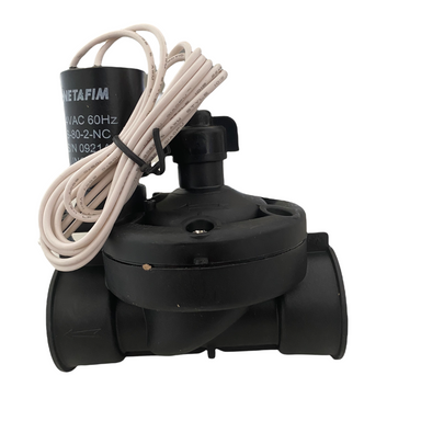 Front-angle view of Netafim Series 80 globe valve showing flow-control stem, solenoid, and reinforced nylon body for irrigation systems.