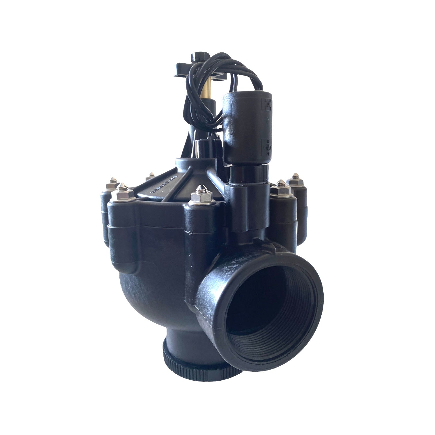 Close-up of the Irritrol 100P2 solenoid and control chamber, showing electrical connection points and the 150-mesh external control water filter area on the valve.