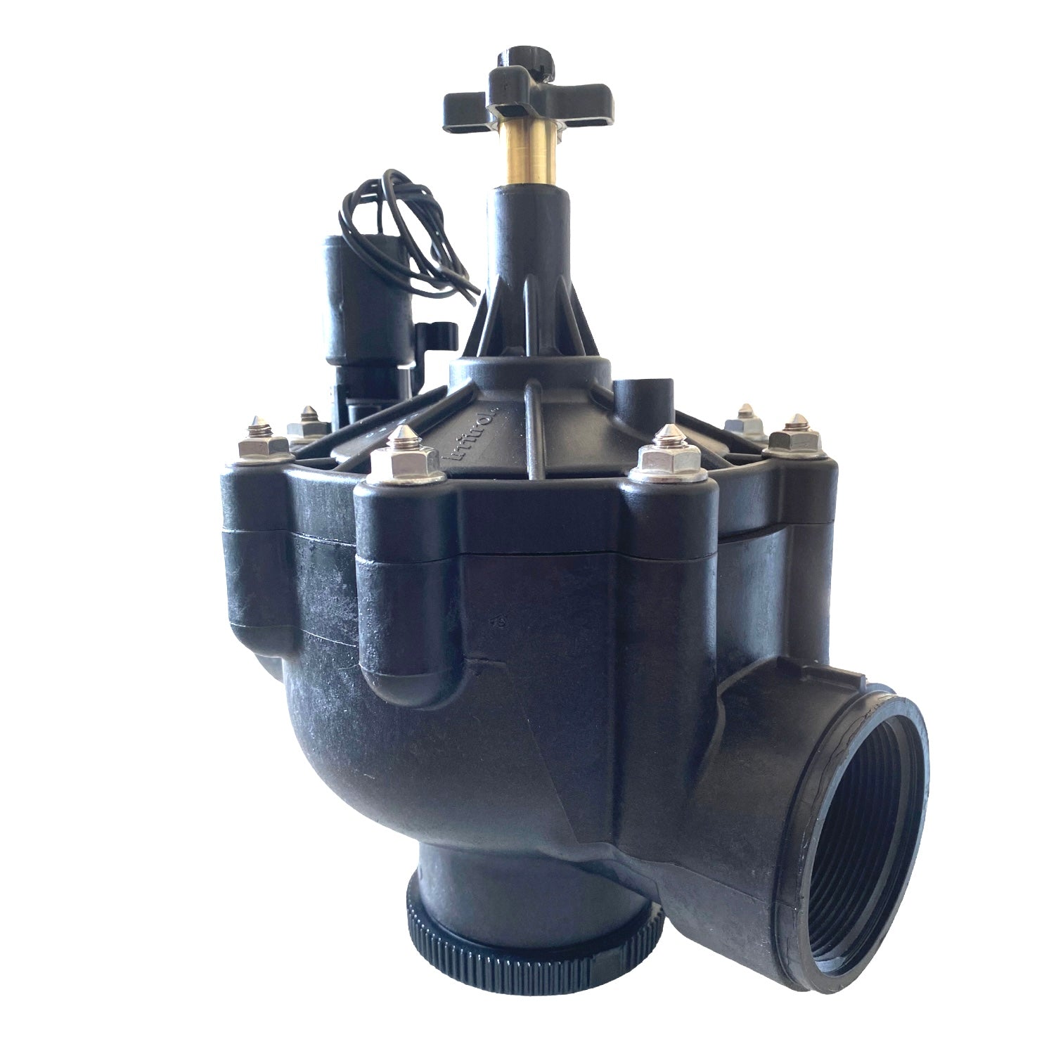 Front view of Irritrol 100P2 2-inch globe/angle irrigation valve showing 24 VAC solenoid, flow-control screw, and reinforced nylon body for irrigation systems.