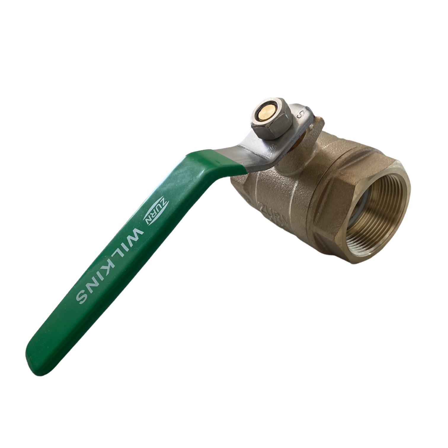 Close-up detail of the Zurn Wilkins 112-850XL ball valve showing threaded FNPT connection and PTFE seat area for reliable sealing performance.