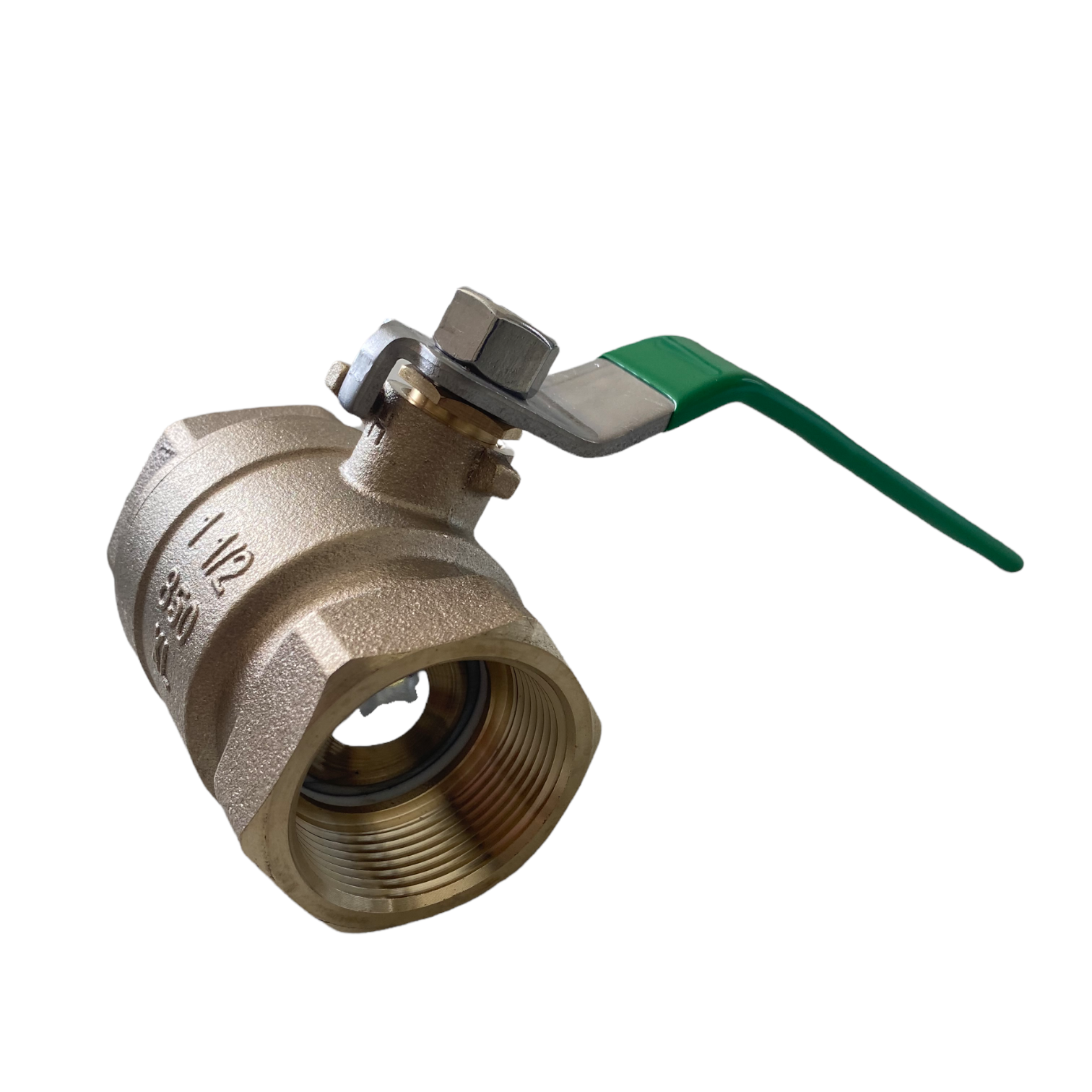Front view of Zurn Wilkins 112-850XL 1.5-inch full-port bronze ball valve showing body, threaded FNPT ends, and stainless-steel handle hardware.