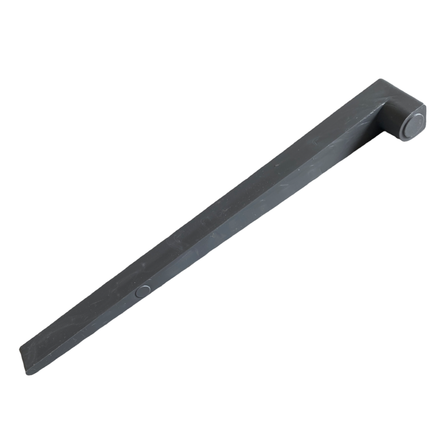 Alternate-angle photo of the NDS 230 gray PVC installation stake for channel drains, showing size, fit, and overall profile for installers.