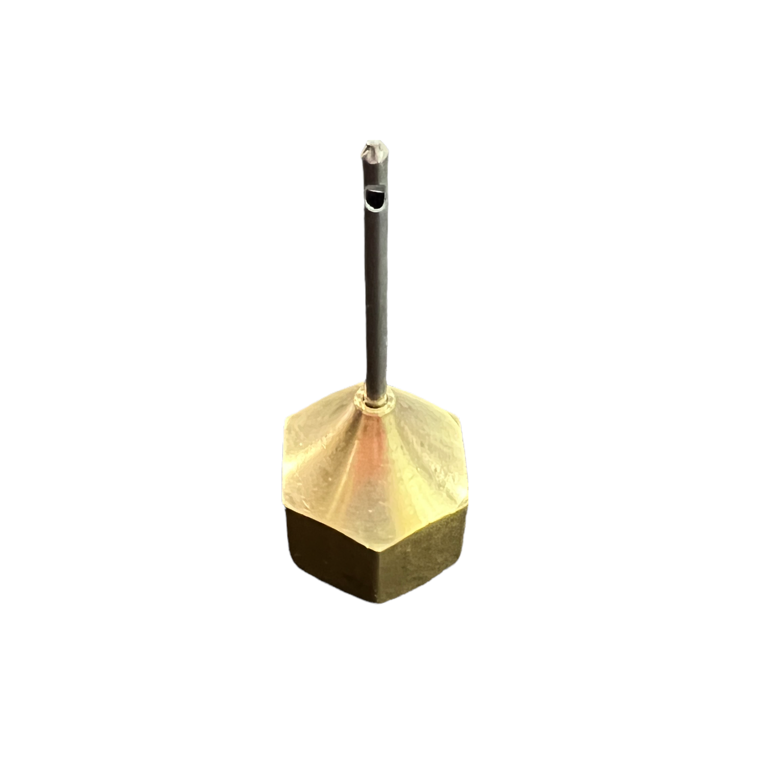 Side view of the Netafim pressure gauge needle adaptor highlighting the compact body and 1/4 inch female thread used to attach a pressure gauge for field testing.