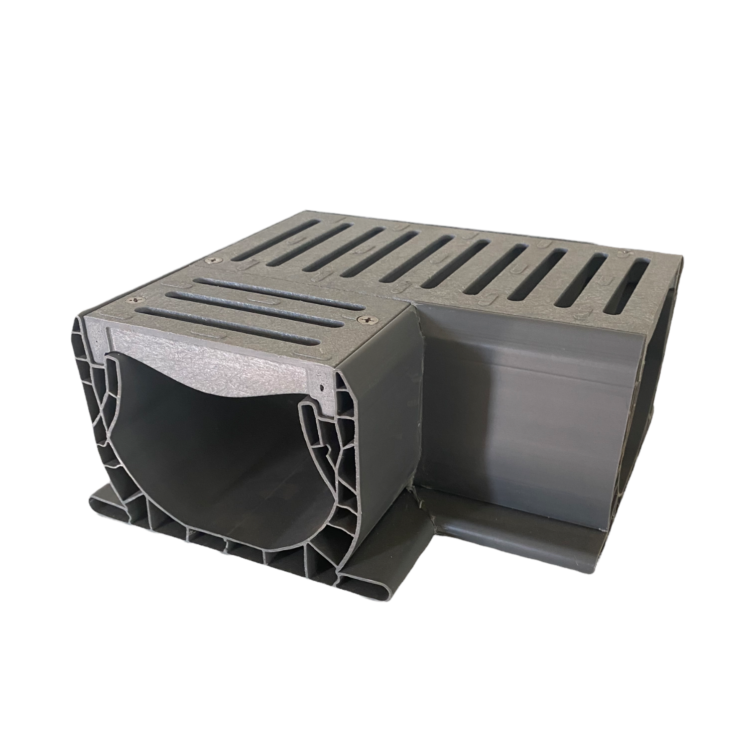 Front view of NDS Spee-D fabricated 90° channel elbow showing gray PVC channel body and removable slotted HDPE grate, 7-1/16" corner.