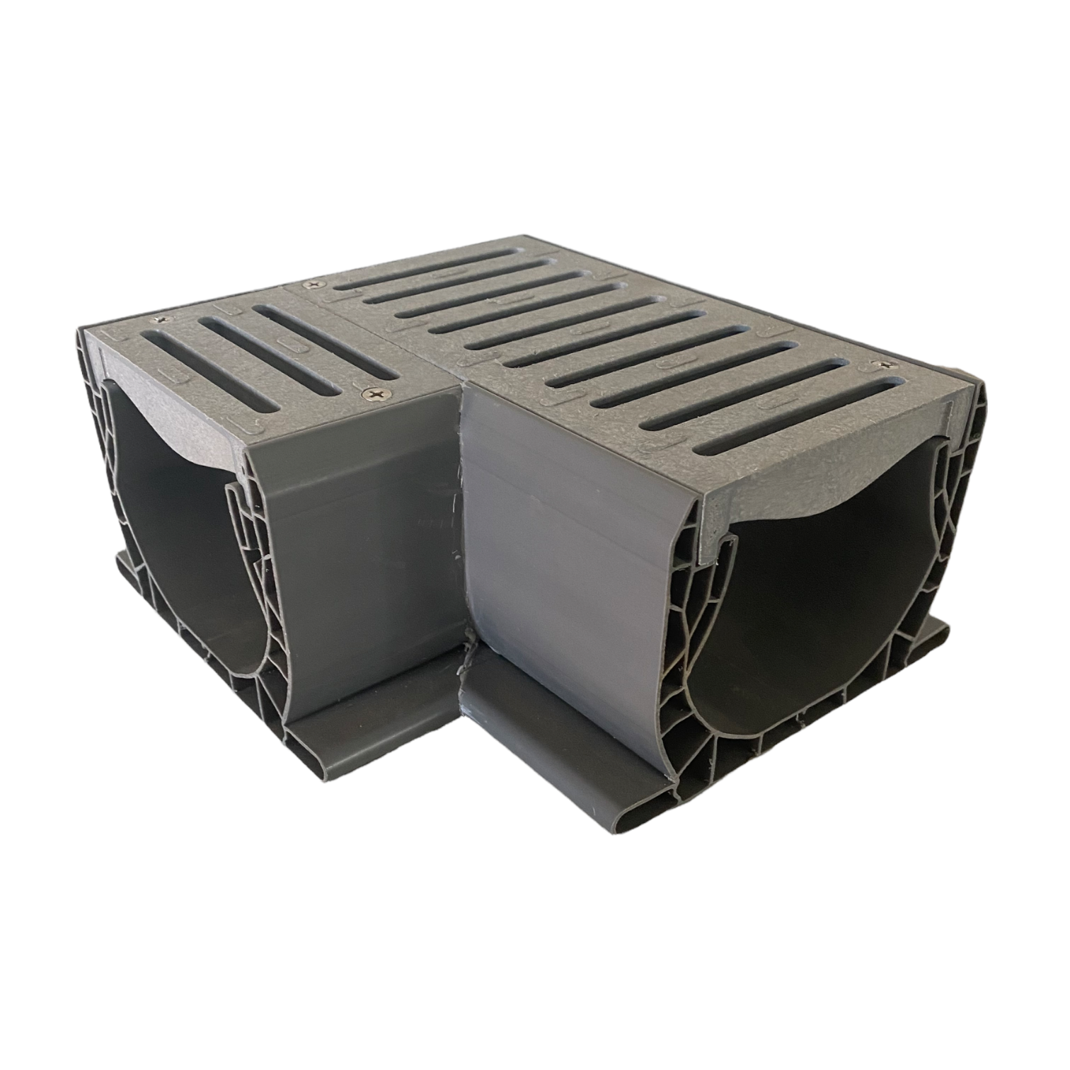 Top view of NDS 2381 Spee-D 90° elbow with slotted grate removed, showing PVC channel interior and snap-in grate connection points.