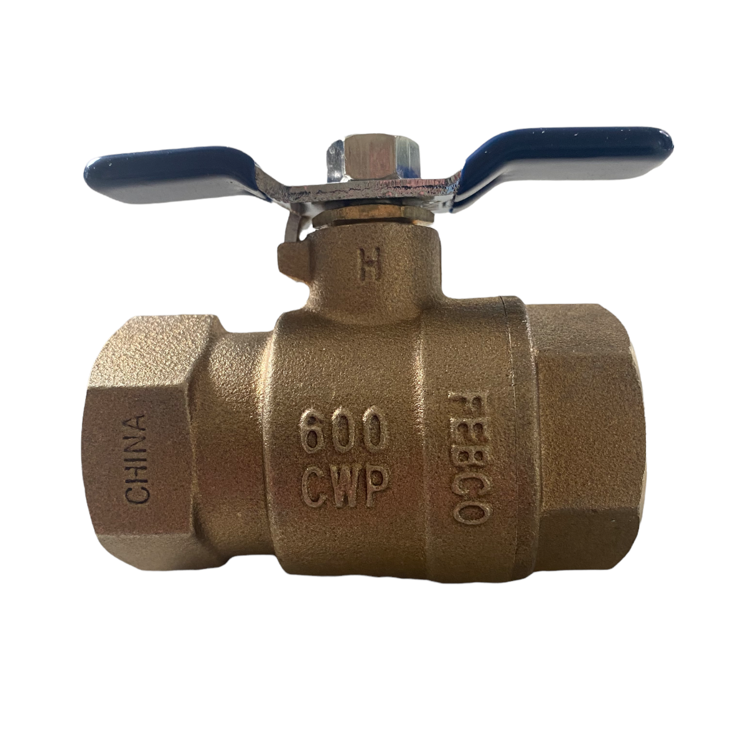 Side view of Febco 781-054LL tapped ball valve highlighting the side tapped outlet for a pressure gauge or test cock and bronze body finish.