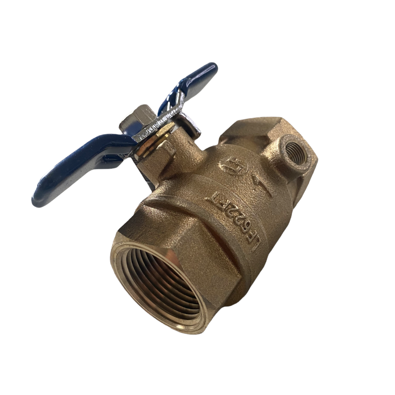 Close-up of Febco 781-054LL valve showing the tee handle, PTFE-packed stem area and full-port ball valve construction in bronze and brass.