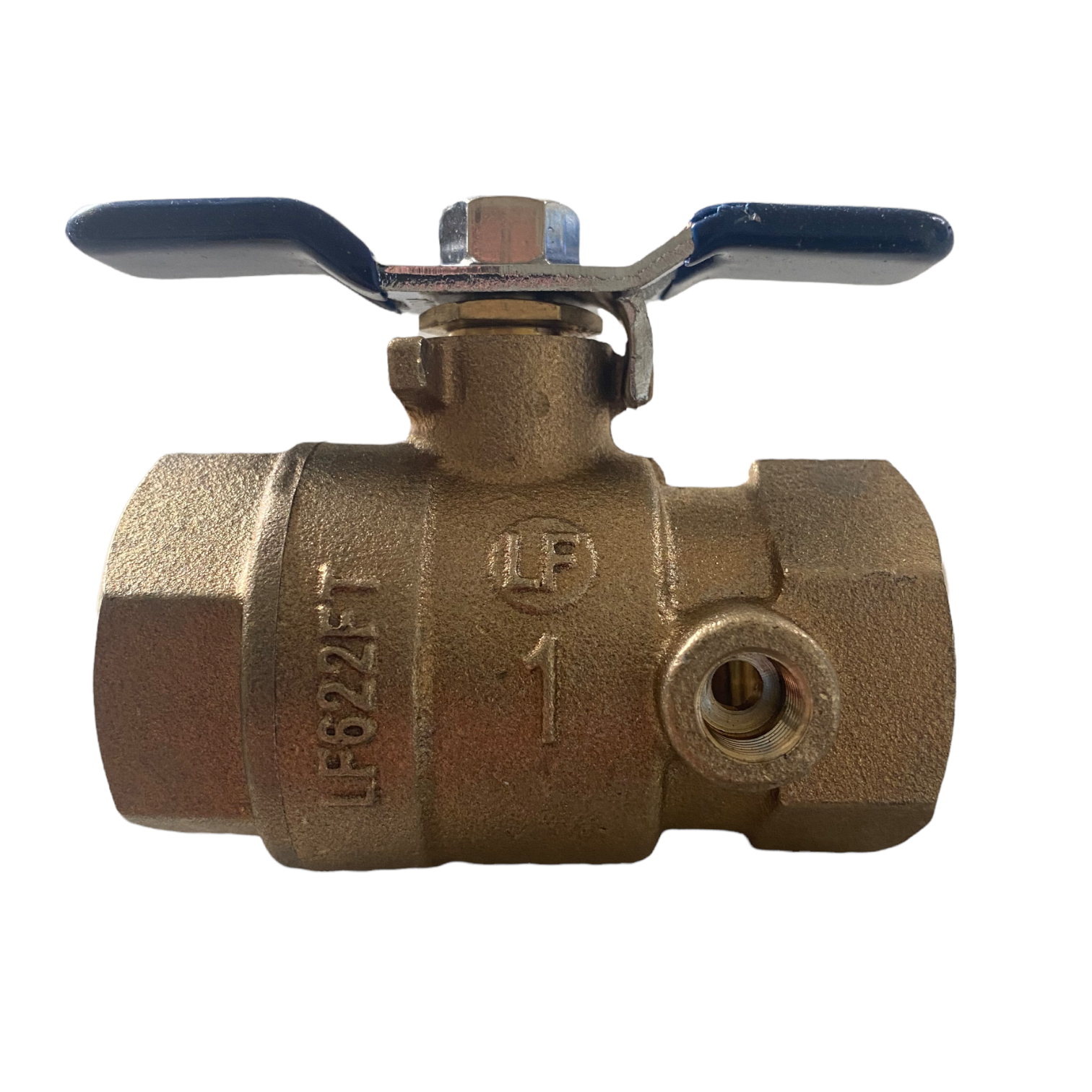 Front-angle product image of Febco 781-054LL 1-inch lead-free full-port tapped ball valve showing tee handle and threaded ends for pipe connections.