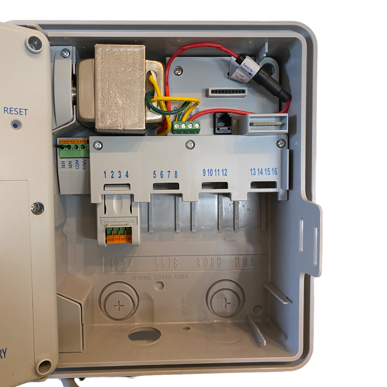 SmartLine SL1600 opened enclosure showing internal transformer, terminal block, and hot-swappable SLM module bay.