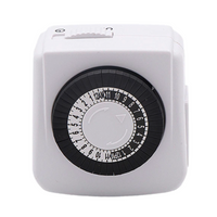 Front view of Pro-Trade MT1 24-hour mechanical plug-in timer showing dial with 30-minute on/off segments and plug prongs.