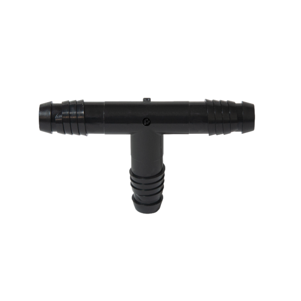Clear product photo of Pro-Trade PT-SPF-TEE50 spiral barb tee (1/2 in. barb) showing a single fitting and the 10-piece bag label.