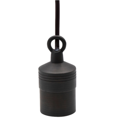 HL1 hanging landscape light with heavy-duty cast brass housing in antique finish, pre-lamped with a warm 2700K 2.5W T3 LED for outdoor use.