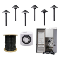 Front view of Pro-Trade PTH1 6-pack path light kit showing six aluminum path fixtures, transformer, and timer components on white background.