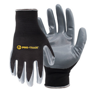 Black nylon shell work glove with grey flat-dip nitrile palm and textured grip shown palm-side up for tool handling and grip clarity.