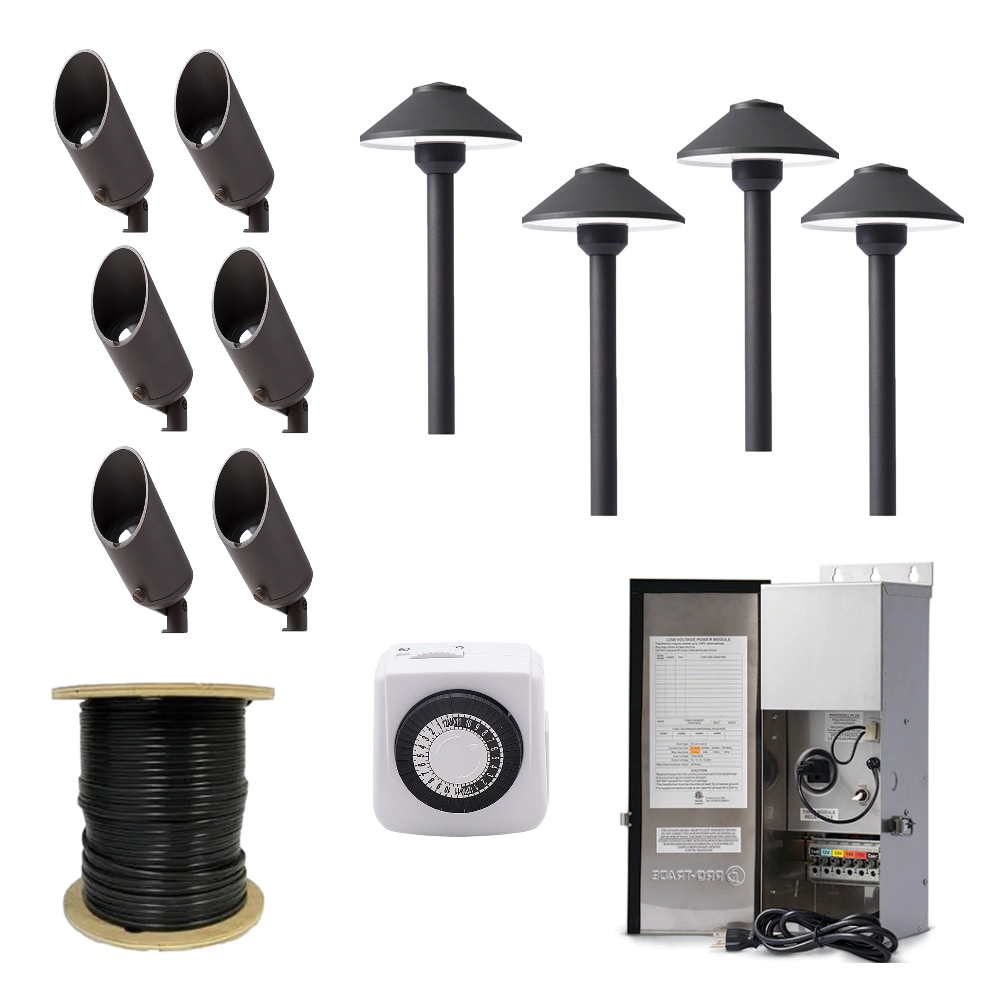 Overview of Pro-Trade 10-piece LED landscape lighting kit showing BUL1 up lights, PTH1 path lights, TR1 transformer, connectors, and coiled 12-gauge wire.