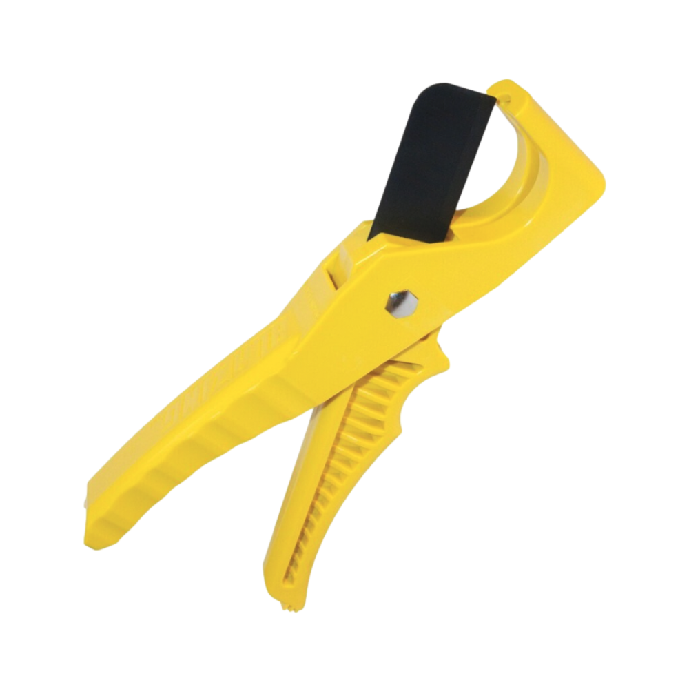 Pro-Trade PVC pipe cutter with PTFE-coated blade, push-button quick-release mechanism and ergonomic comfort handle, 1-5/8 inch capacity