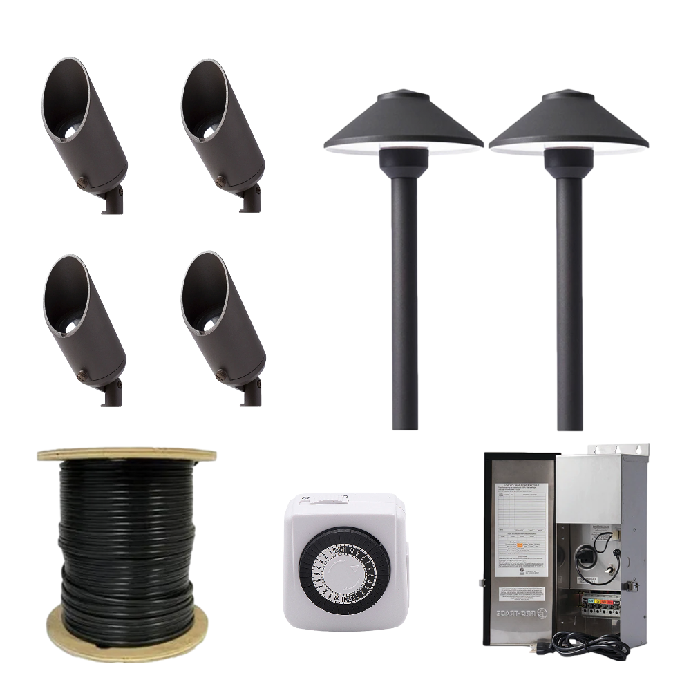 Pro-Trade 6-piece landscape lighting kit: four up lights, two path lights, 150W stainless transformer and mechanical timer.