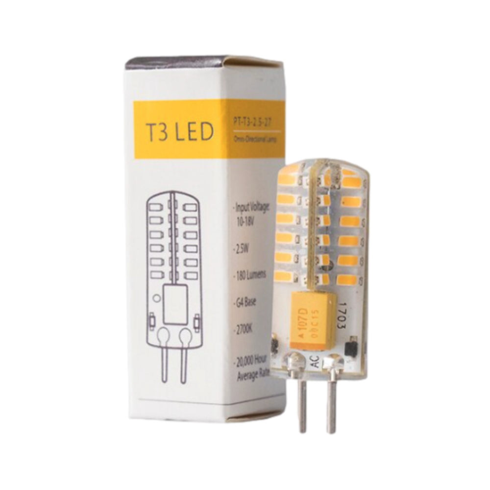 Pro-Trade T3 G4 bi-pin LED bulb photographed on a white background, showing water-resistant silicone coating and G4 bi-pin base.