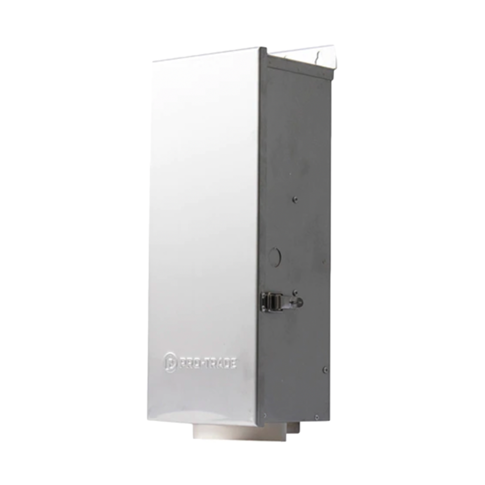 Front view of Pro-Trade TR1 stainless steel transformer showing removable lockable door and quick-mount bracket.