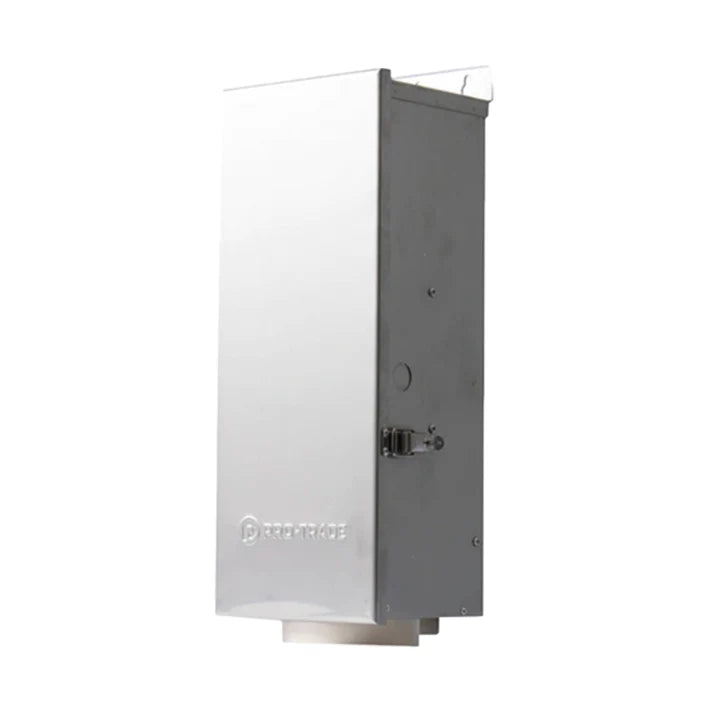 Pro-Trade TR1 150W stainless steel transformer with removable lockable door displayed open to show terminal block, taps, and durable housing.