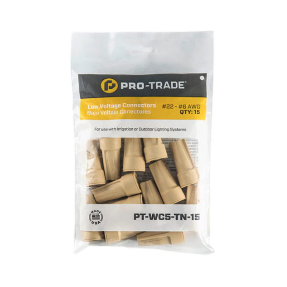 Pro-Trade tan wire connectors in 50-piece canister, showing tan insulated bodies and brass contacts for #22 to #6 AWG.