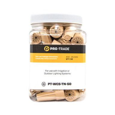 Packaged Pro-Trade tan wire connectors with visible product label, showing 15-piece pack and #22 to #6 AWG marking.