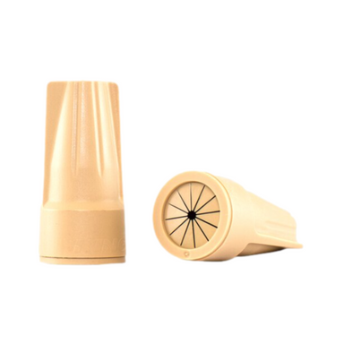 Pro-Trade tan low-voltage wire connector close-up showing tan insulated body and brass contact, labeled #22 to #6 AWG.