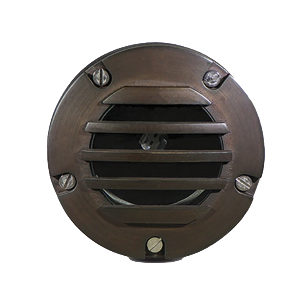 Pro-Trade PT-IG2 in-ground landscape light in antique brass finish with louvered cast brass cover, shown without a lamp installed for flexibility.
