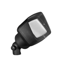Pro-Trade FL1 flood light in black aluminum finish shown on ground stake, weather-sealed silicone gasket and adjustable aiming head.