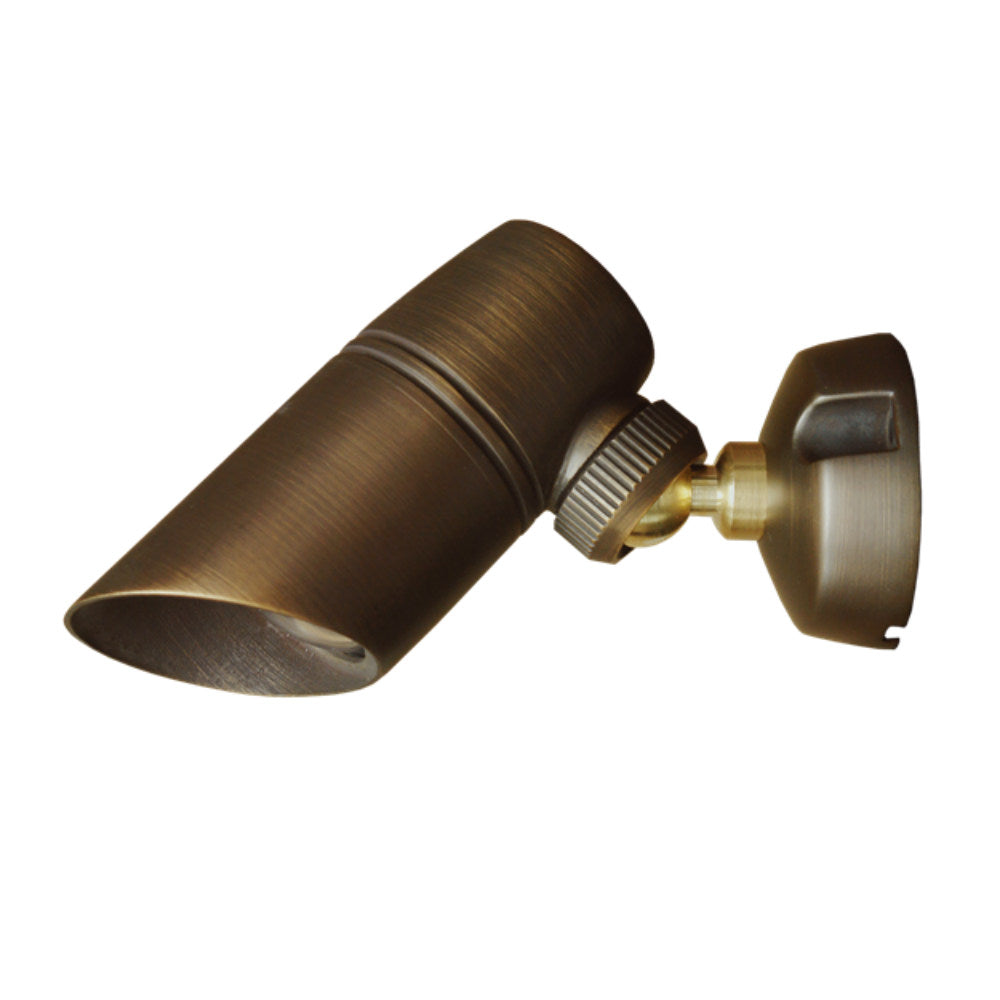 Weathered brass Probe OSM down light showing die-cast brass body, lock-and-load shroud, and 360° swivel mount.